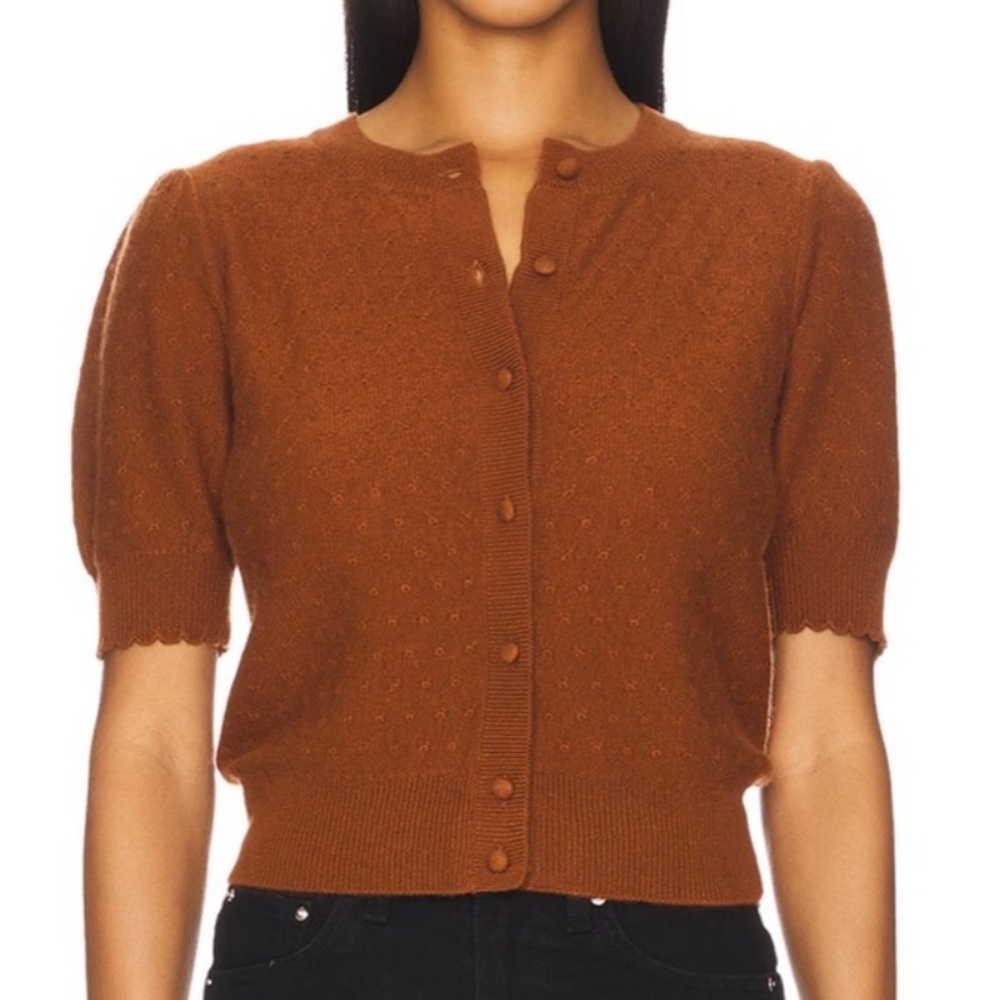 NEW FRAME Button Up Pointelle Cardigan in Rust Brown Color.  100% Cashmere.  L